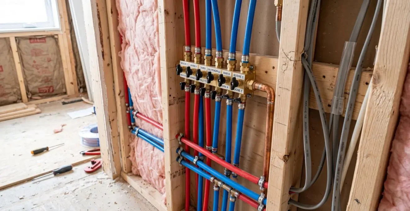 Réseau de tuyauterie PEX et cuivre avec manifold et robinets d'arrêt installé dans mur ouvert de salle de bain en rénovation, isolation rose et ossature bois visible