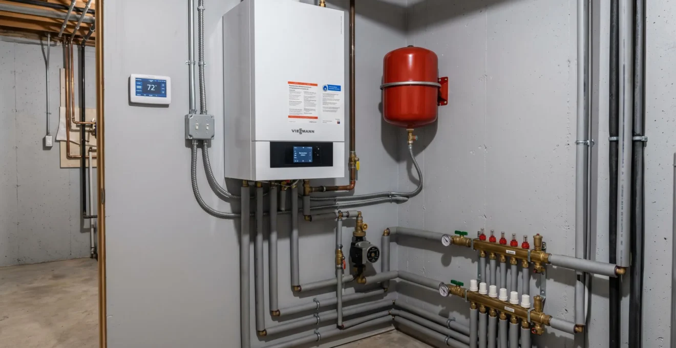 Salle mécanique résidentielle québécoise avec chaudière murale à condensation, circulateur, vase d'expansion rouge, collecteur de distribution et tuyauterie PEX-AL-PEX isolée
