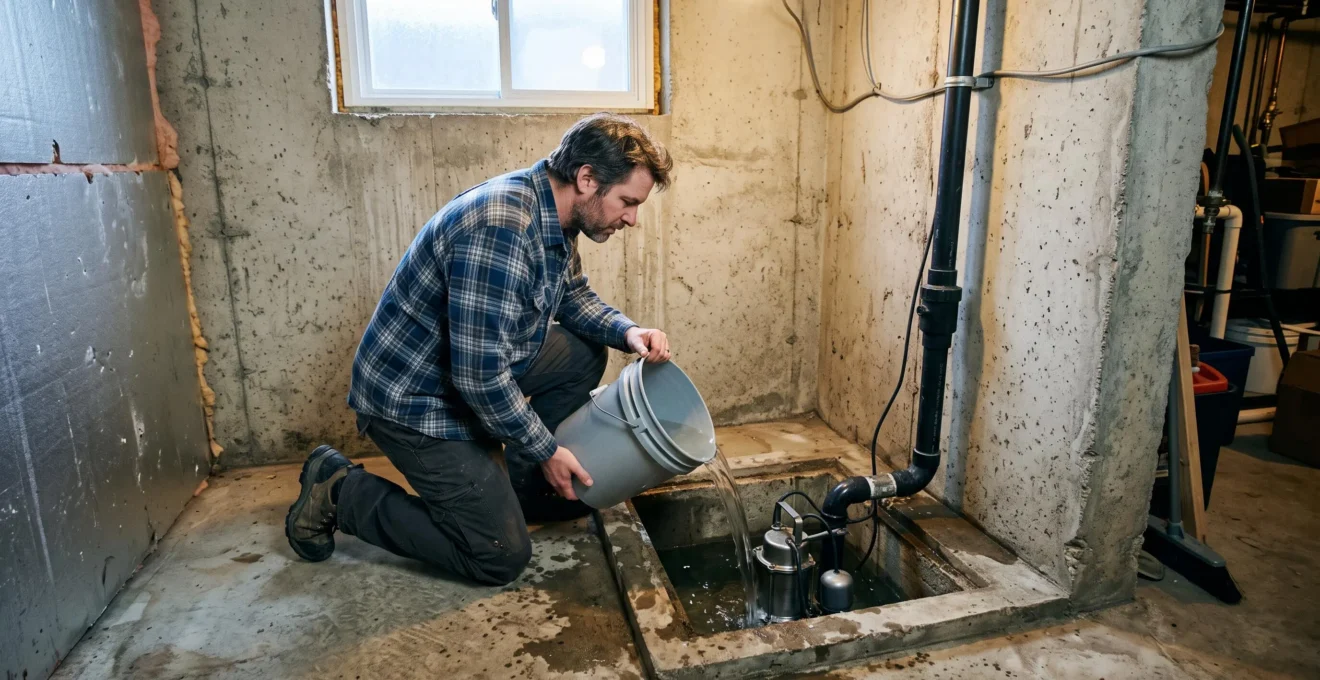 Un propriétaire verse un seau d'eau dans un puisard de sous-sol pour tester sa pompe avant le dégel.