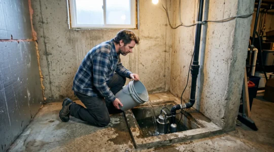Un propriétaire verse un seau d'eau dans un puisard de sous-sol pour tester sa pompe avant le dégel.